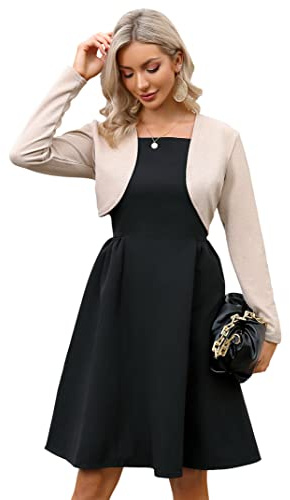 KOJOOIN Damen Bolero Festlich Pailletten Bolero Glitzer Strickjacke Elegant Kurz Cardigan Bolerojacke Langarm Open Front Shrug Cardigan Casual Top Champagnerfarbe-new L