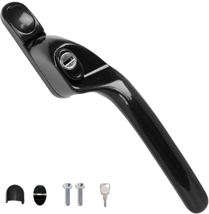 FixRello Window Handle 40mm Spindle - Offset Left-Handed espag Inline Locking Handle for DIY and Home Repairs - uPVC Window Handle - Comes with Screws, Caps and Key (Black, Left Hand)