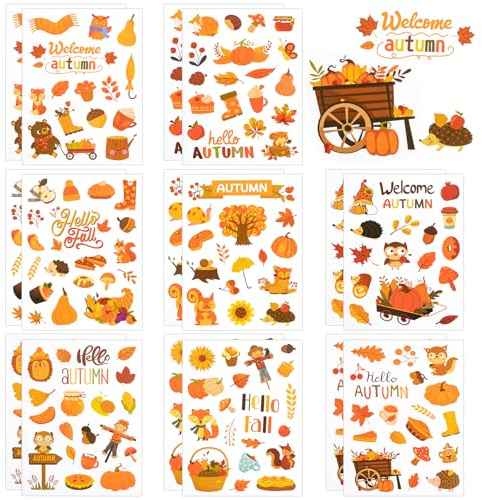 16 Blätter Herbst Aufkleber, Herbstdeko Aufkleber mit Kürbis Ahornblatt Igel Mustern, Kinder Sticker für Scrapbooking und Karte zum Basteln, Deko für Erntedankfest und Herbstfest