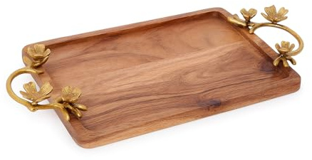 Assorted Collections Wooden Trays with Cast Iron Handles - Rectangle Wooden Tray with Gold Handle Breakfast Serving Tray Coffee Table Decor Snack Versatile for Meal Service, Home Decor (Small)