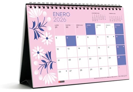 Miquelrius - Calendario 2026 de sobremesa, Organizador anual A5: 210 x 148,5 mm, Con espacio para anotar, Encuadernación espiral doble, Planificador 12 meses, Español, Flores