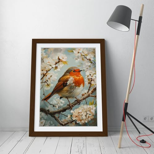 Vintage oil painting of a robin in a floral tree Stunning Framed Wall Art Print Picture - A3 - Walnut Frame