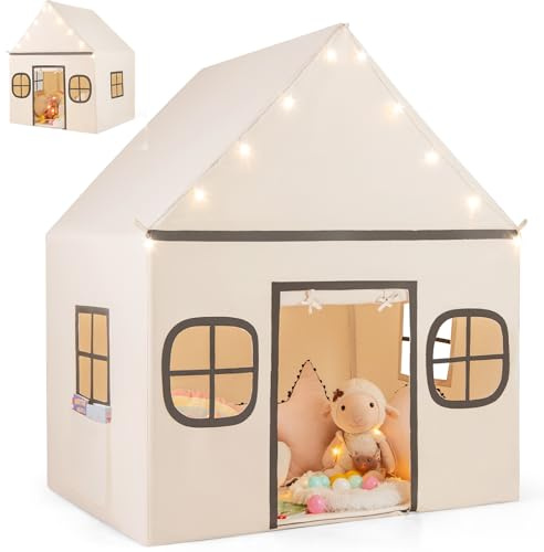 HOMASIS Kinderzelt Indoor, Kinder Spielhaus aus Baumwolle, Spielzelt mit Sternenlichtern & gepolsterter Matte & 4 Fenstern & Vorhang, Prinzessin Zelt für Jungen & Mädchen ab 3 Jahren (Beige+Braun)