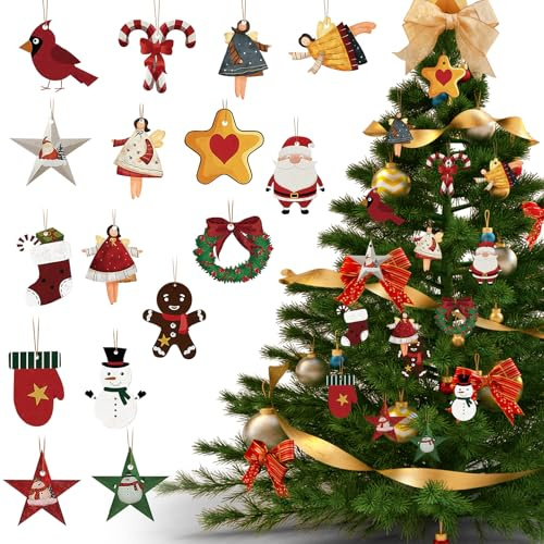 16-teilig Weihnachtsbaumschmuck Weihnachtsanhänger Weihnachten Deko | Christbaum Deko Holz Weihnachtsbaum Deko mit Weihnachtsdeko Engel Schneemann und Weihnachtsmann,Xmas Decor für Party
