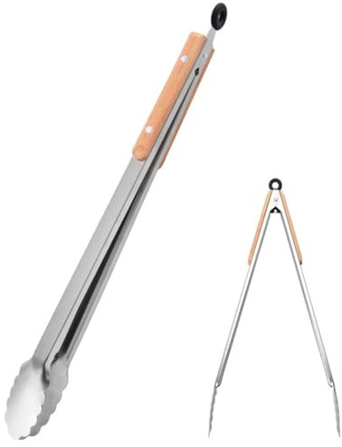 ZMREN 44cm Pince de Cuisine, Pince Barbecue en Acier Inoxydable avec Manche en bois antidérapant et isolant thermique, pour BBQ Cuisson Alimentaire Pâtisserie