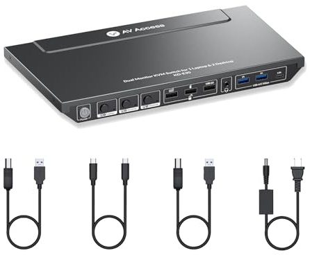 AV Access Docking Station KVM Switch 2 Monitors 3 Computers, 1 Laptop & 2 PCs, Dual 4K@60Hz Monitors, EDID Emulation, 100W USB C Charging, 1G Ethernet, High Refresh Rates, Ideal for Gaming,Home Office