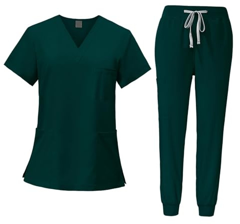 MotiveTech Completo Da Infermiera Da Donna, Top E Pantaloni, Tuta Da Lavoro per Infermiere in Salone di Bellezza, Verde scuro, l