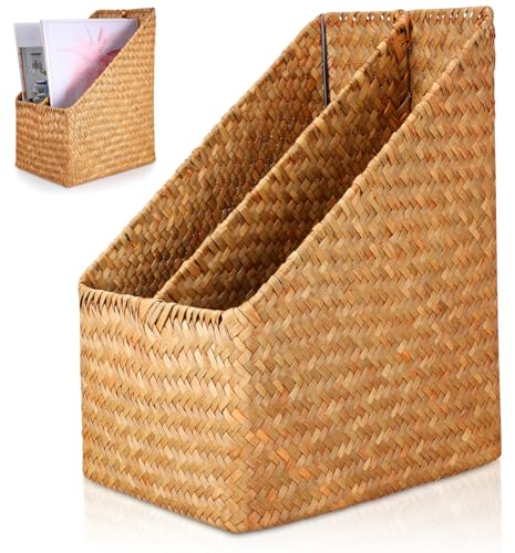 GALPADA Soporte para documentos de paja tejido a mano, soporte grueso para carpetas para oficina y escuela, práctico organizador de archivos y revistas para almacenamiento de escritorio