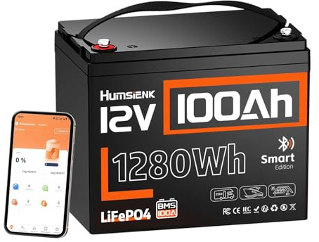 HumsiENK 12V 100Ah LiFePO4 Batterie mit Bluetooth, Bis zu 15000+ Zyklen, Eingebautes 100A BMS, Schutz vor niedrigen Temperaturen, 10 Jahre Lebensdauer, Perfekt für Wohnmobil/Camping im Freien