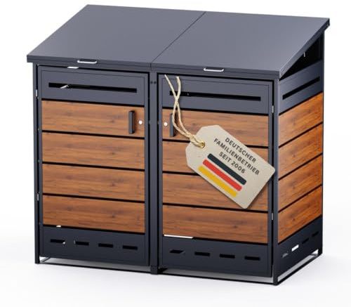 RS Trade Mülltonnenbox 2er Anthrazit Holzoptik für 120L & 240L Mülltonnen, abschließbares wetterfestes Mülltonnenhaus, Mülltonnenverkleidung mit 2 Türen, Müllcontainer Verkleidung, witterungsbeständig
