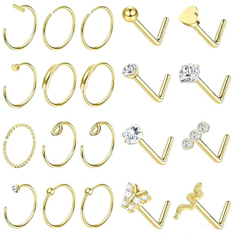 20PCS Gold Nose Stud Nose Ring 20G L Shaped Screws with Diamond for Women | 316L Surgical Steel, Thin Hypoallergenic, Durable and Colorfast Round Nose Piercing Jewellery Septum Rings Hoop for Men