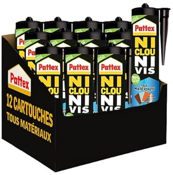 Pattex Ni Clou Ni Vis Tous Matériaux Intérieur & Extérieur, lot de 12 cartouches, colle de fixation, colle forte tous supports, mastic blanc, 12x 450 g