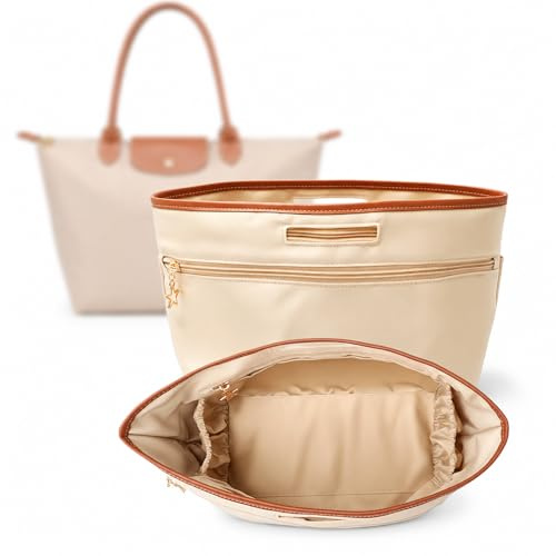 lelewangluo handväskeorganiserare, lätt vattentät toteväskeinsats med dragkedjeficka och kopphållare, flerfickigt satinfoder för handväska för Longchamp, beige-M
