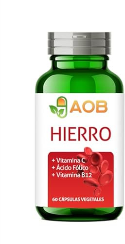 Bisglicinato de Hierro 29mg con Vitamina C, B12 y Ácido Fólico | 60 Cápsulas Veganas para Cansancio y Fatiga | Alta Absorción, suave con Estómago | Anemia, Energía y Vitalidad | Marca AOB