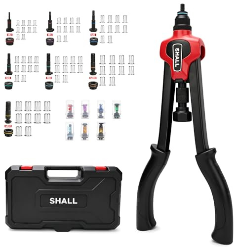 SHALL Kit de herramientas de tuerca de remache de 16 pulgadas(40.6CM),Remachadoras, con M3 M4 M5 M6 M8 M10 M12-7 mandriles métricos y 70 tuercas de remache, con caja de