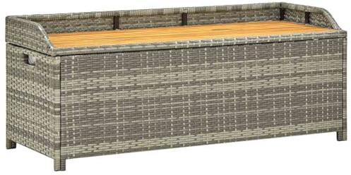 Fisinber Gartenbank mit Stauraum, 120 cm Sitzbank für Garten, Poly-Rattan und Akazienholz, Truhenbank für Außenbereich, Auflagenbox mit Innenfutter, Grau