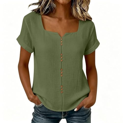 Generico Maglietta Manica Corta Donna Estiva Elegante Camicia Scollatura Quadrata Curvy Blusa con Bottoni Lavoro Top Camicetta Casual Classico Magliette Tinta Unita Maglie Tshirt Estive