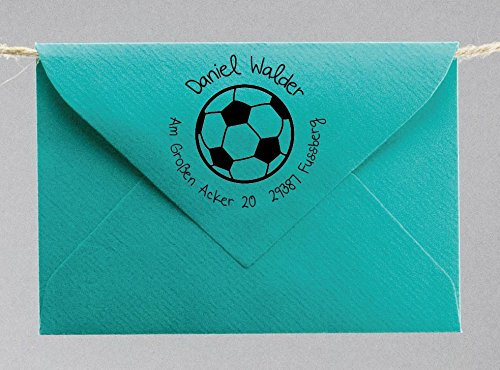 Webermann personalisierbarer Holz Stempel mit Namen & Adresse- Fußball Motiv - Adressstempel individualisierbar - Stempel für Grußkarten, Hochzeit, Firmung, Taufe - Fußball Stempel