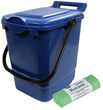 Large Blue Compost Caddy/Plastic Kerbside Bin for Food Waste Recycling (23 Litre) - 23L & 10 x 30L Compostable Bags with Composting Guide