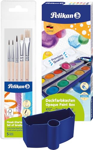 Pelikan 720250 Deckfarbkasten K12, 12 Farben inkl. 1 Tube Deckweiß, Schul-Standard (im Set mit Wasserbecher + 5 Pinsel)