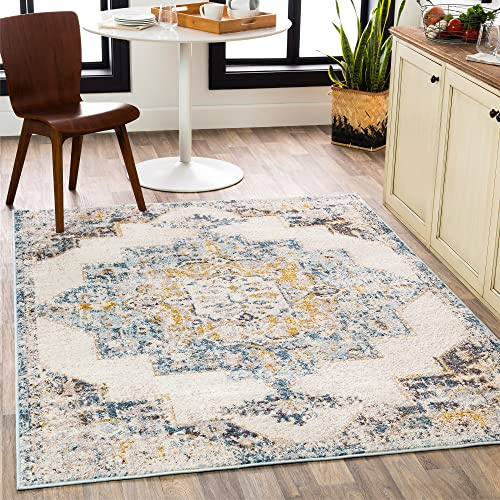 Livabliss Orlando Vintage groß - Wohnzimmer 200x275 cm, Esszimmer, Schlafzimmer, Orientalischer e Boho Style - Carpet Living Room, Bunter Muster, Blau, Senfgelb und Beige
