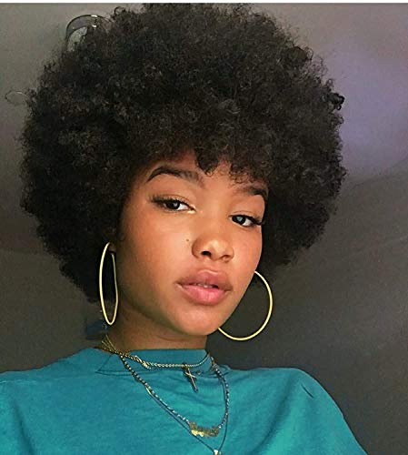 Xtrend kort, lockig afro-peruk, 20,3 cm, svart fluffigt syntetiskt hår med mjuka, fjädrande lockar, värmebeständig för svarta kvinnor, nr 1B