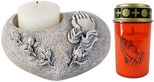 Novaliv Decoración para tumba con forma de corazón, color gris, para rezar, incluye luz LED roja, decoración para tumba, corazón, resistente a la intemperie, piedra conmemorativa