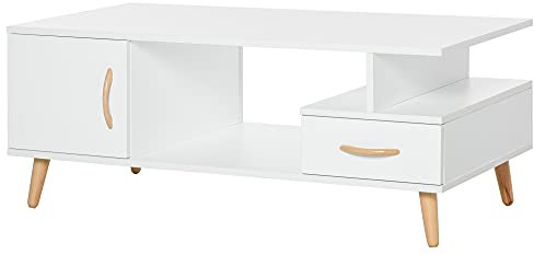 HOMCOM Beistelltisch Couchtisch moderner Kaffeetisch Stabiler Teetisch Wohnzimmertisch mit praktischer Ablage Schublade, Spanplatte, Weiß, 100 x 50 x 40 cm