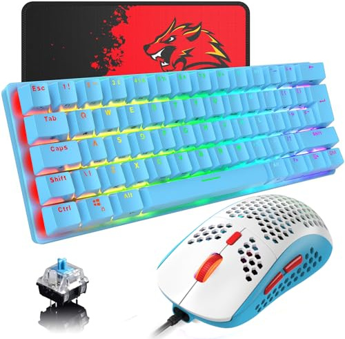 UK Layout Mechanische Spieletastatur RGB 14 Hintergrundbeleuchtungseffekte Mini 62 Tasten Kabel Typ C + Leichtes RGB 6400DPI Wabenmaus + Mauspad Kompatibel mit PS4, Xbox, PC, Laptop, MAC