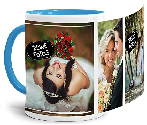 Foto-Tasse zum selbst gestalten mit Foto-Collage für 3 Wunschfotos - Geschenk für Familie, Freunde, Geburtstag, Weihnachten - Keramik Innen & Henkel Hellblau, 300 ml I Personalisiert