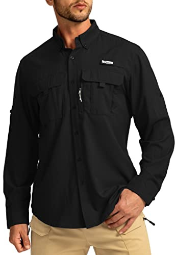 Men's Sun Protection Fishing Shirts Long Sleeve Travel Work Shirts for Men UPF50+ Button Down Shirts with Zipper Pockets(Black Large)