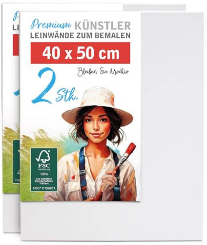 2er-Set Leinwand zum Bemalen 40x50cm groß - 100% Baumwolle 280g/m², 2-fach grundiert, FSC® Holz-Keilrahmen 17mm, für Acrylfarbe, Aquarell, Öl & Gouache