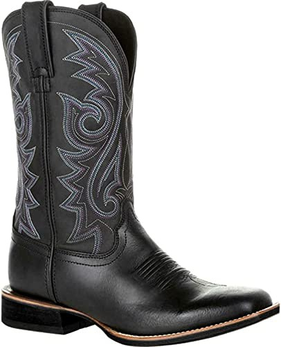 KKPW Stivali da cowboy da uomo larghi classici vintage a metà polpaccio stivali occidentali con ricamo a punta tacco a blocchi stivali lunghi (taglia: 46EU, colore: nero)