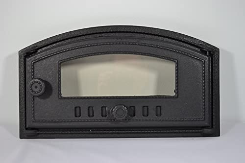 SEZAM Backofentür aus Gusseisen mit hitzebeständiger Glasscheibe, nach rechts öffnend, Pizzaofentür - Brotofen - Steinofentür, 48,5 x 6,5 x 27,5 cm - halbrund, schwarze Bemalung