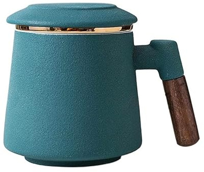 Jiaxu Copas Taza de té con Filtro de cerámica de 435ml con Tapa, Taza de separación de Agua de té, Taza de té de Oficina con Mango de Madera Tazas AGIPS (Color : Verde)