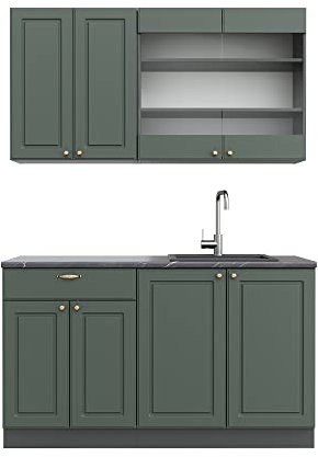 Vicco Singleküche Fame-Line, Grün-Gold Landhaus/Anthrazit, 140 cm ohne Arbeitsplatte