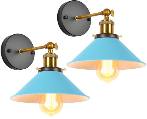 iDEGU 2 Stück Wandleuchten, Retro Wandlampe im Metall Lampenschirm mit 240° Verstellbare Moderne Deckenlampe Wandspots für Schlafzimmer Wohnzimmer Flur, 22CM (Blau)