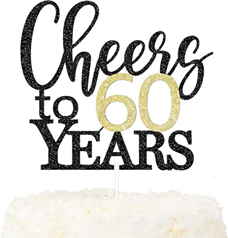 LOVENJOY Cheers to 60 Years Cake Topper for Happy 60th Birthday Anniversary Cake Decorations, Dual-Side Glitter Black and Gold
