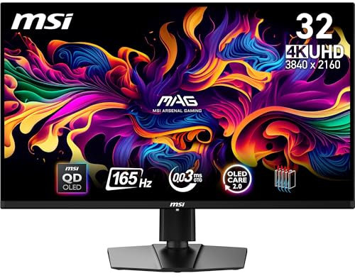 MSI MAG 321UP QD-OLED 31.5 Inch 4K UHD Gaming Monitor - 3840x2160 Quantum Dot OLED Panel, 165Hz,0.03ms,DCI-P3, DisplayHDR True Black 400 - DP 1.4a, HDMI 2.1(UHD 165Hz), USB Type-C