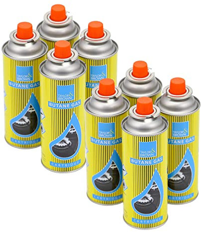 Taylor & Brown 8 Pack Butane Gas Bottles Canister Cartridge Canisters Cylinder | for Camping Stove Cooker, Heater, Barbecue or BBQ, Weed Burner, Kitchen Blow Torch