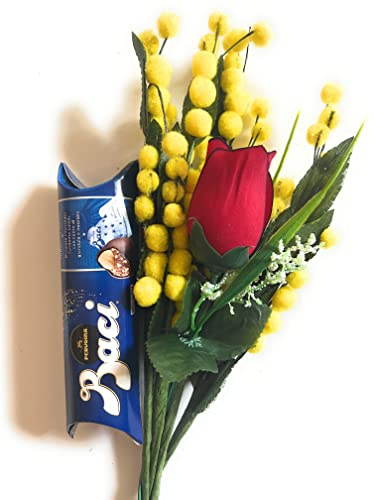 Baci Perugina Idea Regalo Festa della Mamma 2025 - Bouquet Mimose Artificiali + Rosa Rossa + Tubino Perugina 37,5gr - Regalo 8 Marzo 2024