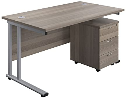 Office Hippo Heavy Duty Rectangular Cantilever Office Desk, Home Office Desk With 3 Drawer Lockable Mobile Pedestal Cabinet, File Cabinet, 5 Yr Wty, Silver Frame, Grey Oak, 140 x 80 cm