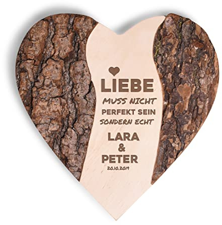 Holz-Baumscheibe in Herzform mit Wunschgravur - mit Namen personalisiert - echtes Erlenholz - Hochzeitsdeko - Jahrestag und Verlobung - Tischdekoration - Dekoartikel - Frau und Mann - Liebe
