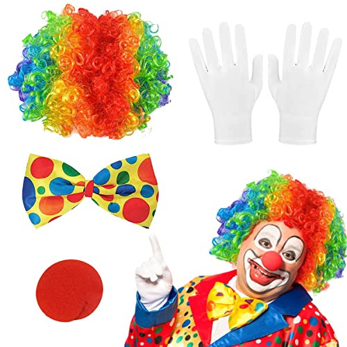 Disfraz Payaso,Set de 4 Piezas Accesorios Payaso,Nariz Payaso,Peluca Payaso,Pajarita Corbata e Blanco Guantes,Adecuado para Carnaval,Pascua,Evento Artístico,Disfraz de Juego de Roles