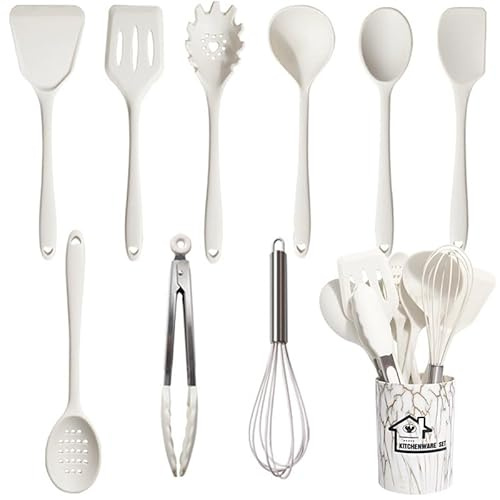 UXIYI Set di utensili da cucina in silicone, set di utensili da cucina da 10 pezzi, incluso il cucchiaio da cucina a spatola Turner Cucchiaio da cucina antiaderente resistente al calore,Bianca