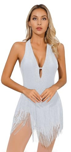 TTAO Damen Pailletten Tanz-Body Ballettbody Ärmellos Glitzer Gymnastikbody Ballett Trikot Leotard Latein Overalls Turnanzug Ballettanzug Weiß G XL