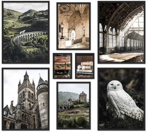 ARTFAVES® Poster Set - POTTERHEAD - mehrteilige Wanddeko Wohnzimmer & Schlafzimmer - 8 moderne Wandbilder Schottland, England, mystisch, Zug, Schneeeule - mit Rahmen Schwarz