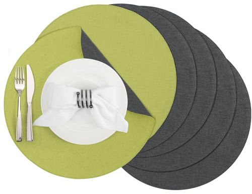 Banchif Tischsets, Durchmesser 38cm Leinenimitat Platzsets Abwaschbar rutschfeste Tischsets Platzsets Doppelseitigen Platzdecken (Grün-Grau, Rund Satz von 6)