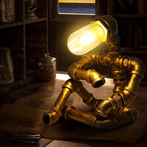 YOOLYER Steampunk Decor Table Lamp for Men Unique Creative Robot Style Desk Lamp,Vintage Industrial Metal Pipe Water Pipe Light, Home Decor Ideal for Bedrooms,Study. (Bronze A)