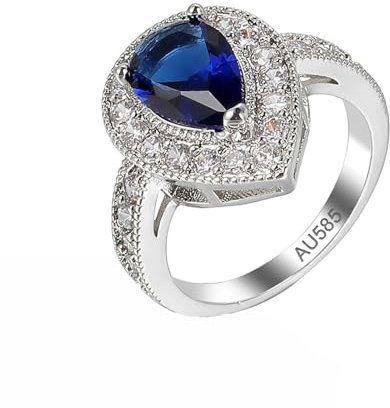 AMDXD Echte Goldschmuck Trauringe Weiß Gold 585 14 Karat, Träne Tropfen Eheringe Blau, 14K Gold Moissanit Pärchen Ringe, Gr.48 (15.3)